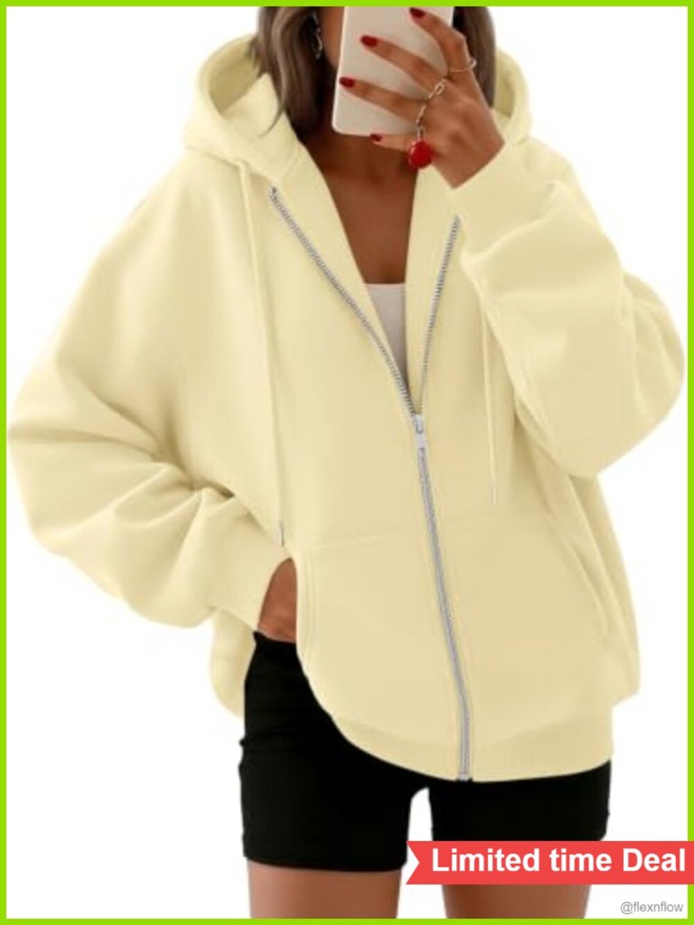 Womens Oversized Zip Up Hoodie Drawstring Fleece Jacket Long Sleeve